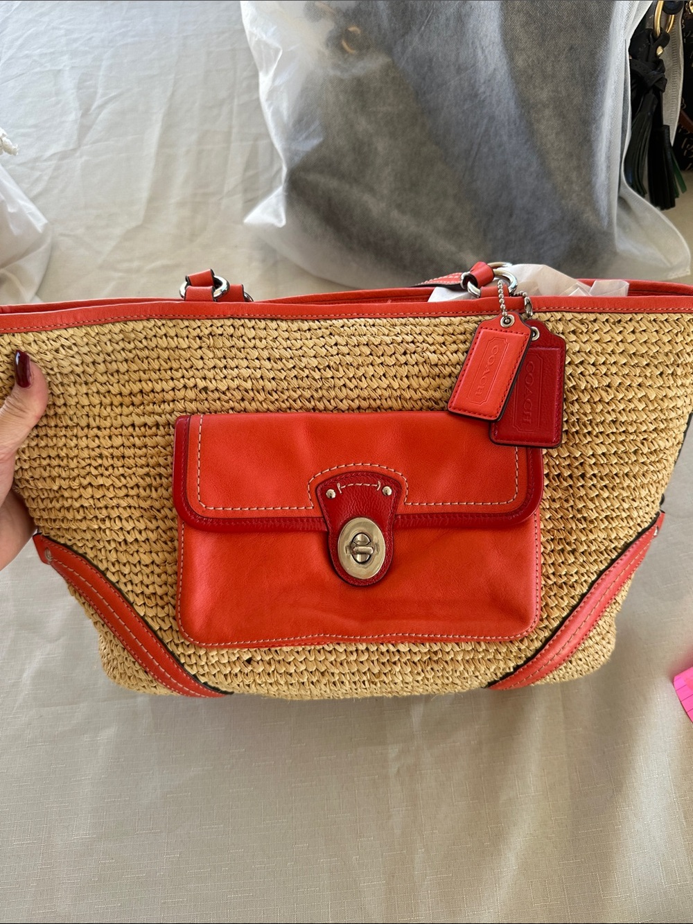 Coach Straw Tote with Red Leather Trim and Front Pocket